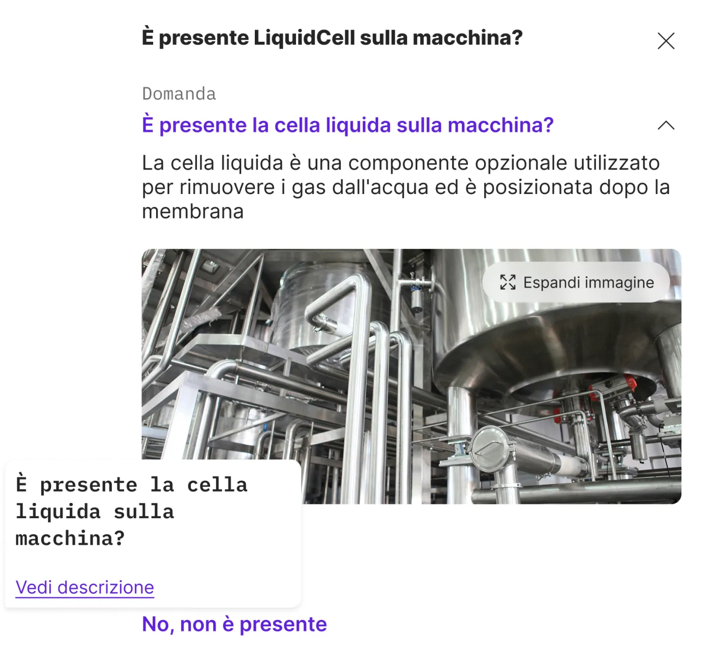 Interfaccia industriale che chiede conferma sulla presenza di un componente, con immagine a supporto per facilitare il riconoscimento