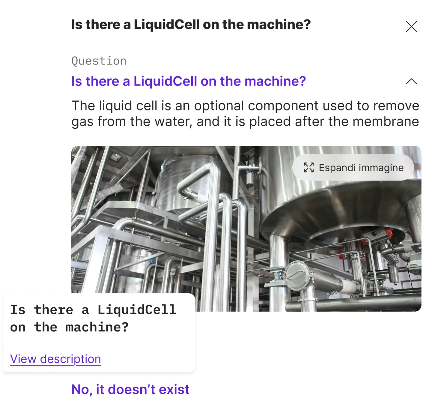 Industrial interface that asks for confirmation of the presence of a component, with supporting image to facilitate recognition