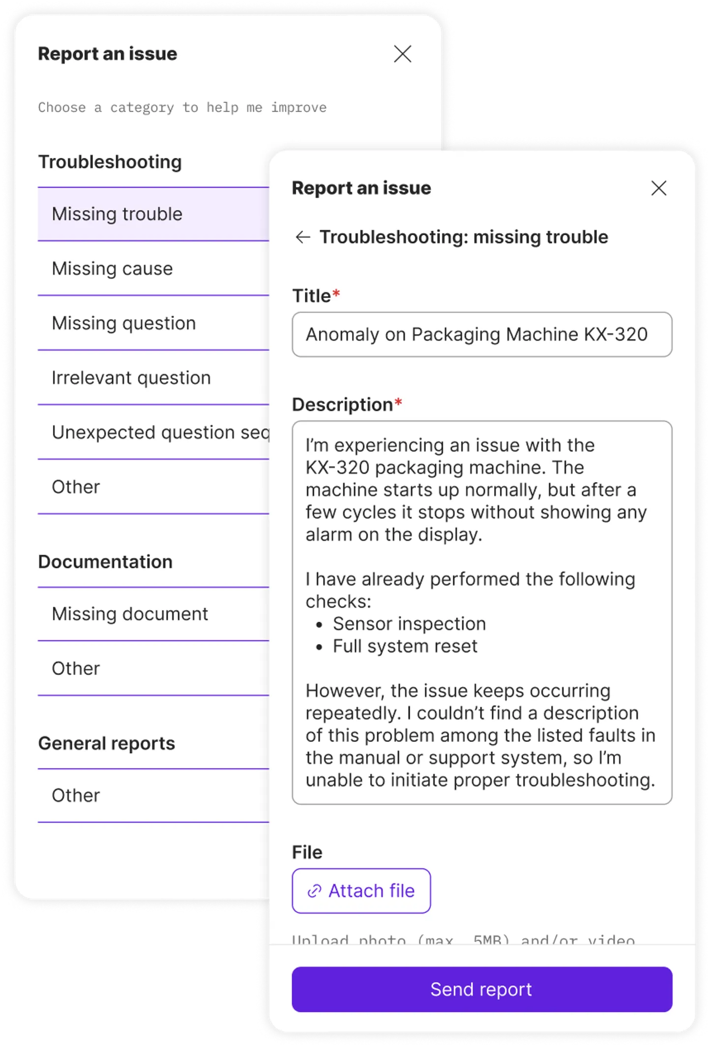 Form for sending structured technical reports, with description of the problem and possibility to attach files