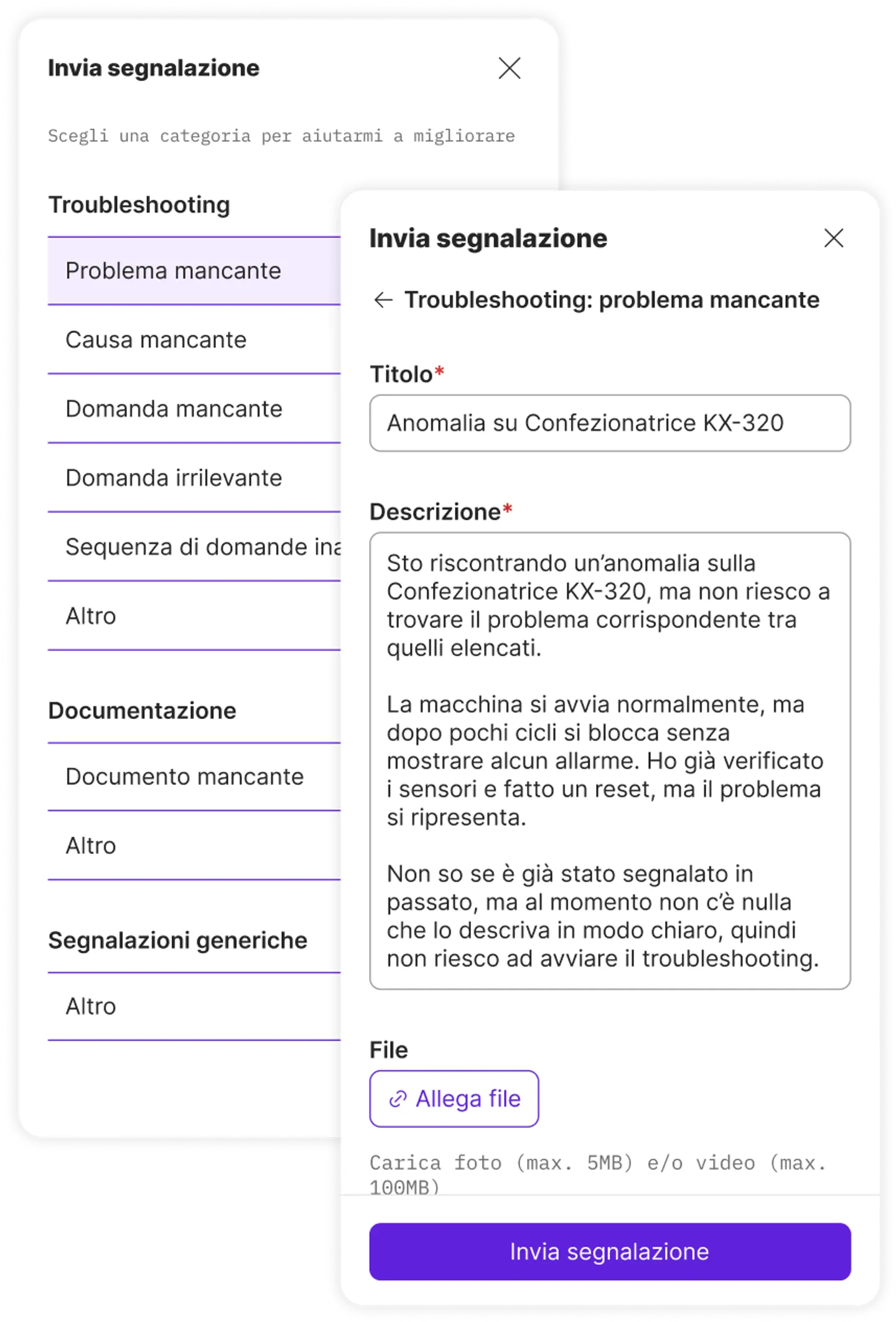 Modulo per inviare segnalazioni tecniche strutturate, con descrizione del problema e possibilità di allegare file